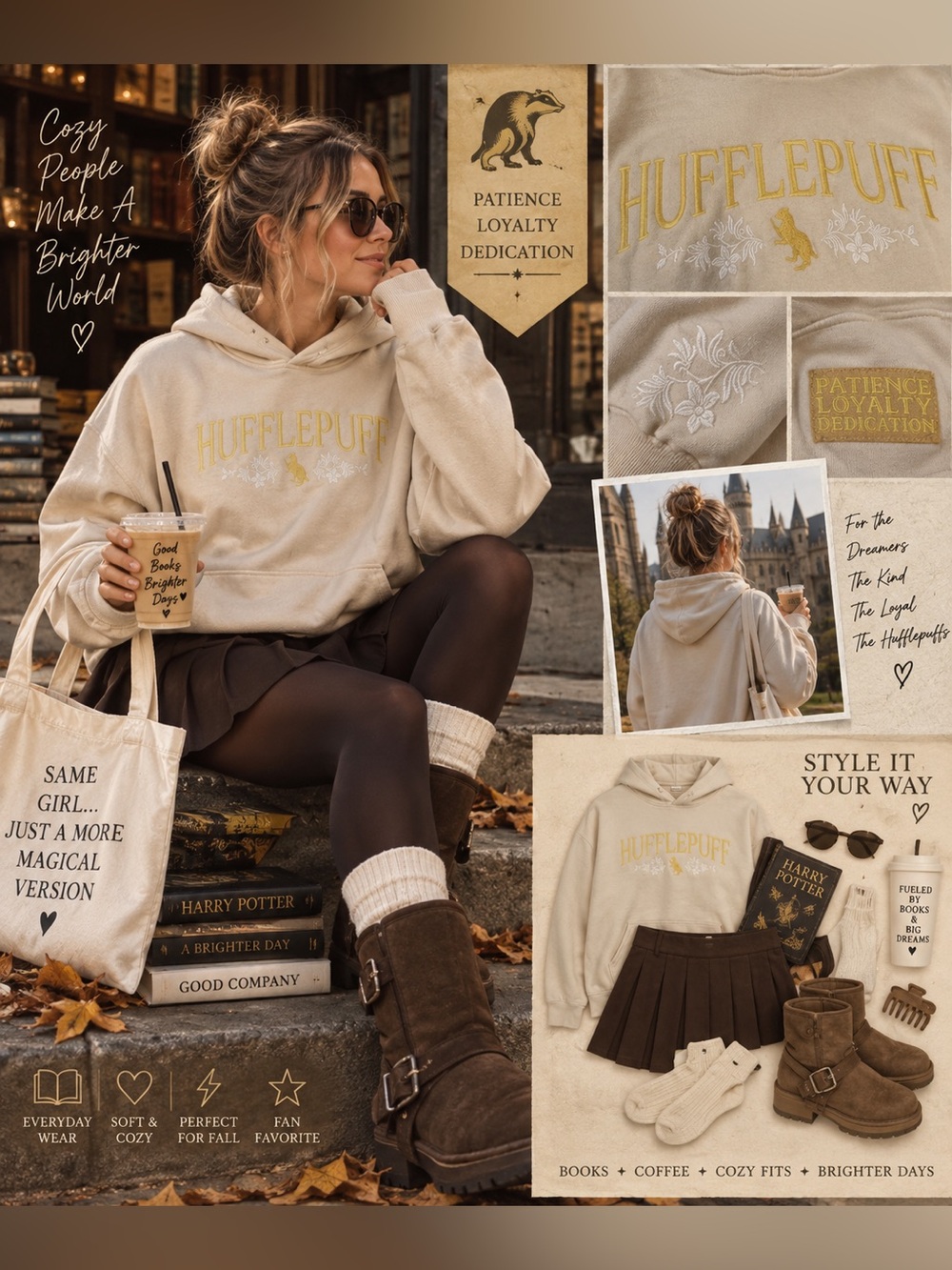 Harry Potter Hufflepuff Cream Embroidered Hoodie Women’s S Neutral Hogwarts